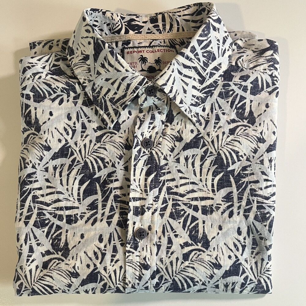 Report Collection Men’s Blue White  Linen Short Sleeve Tropical Shirt Medium